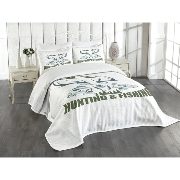 Ambesonne Hunting Quilted Bedspread Set 3 Pcs, Emblem, Queen Size, Olive Green Slate Blue