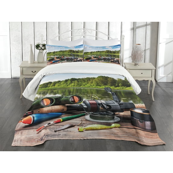 Ambesonne Hunting Quilted Bedspread Set 3 Pcs, Fishing Tackle, Queen Size, Multicolor