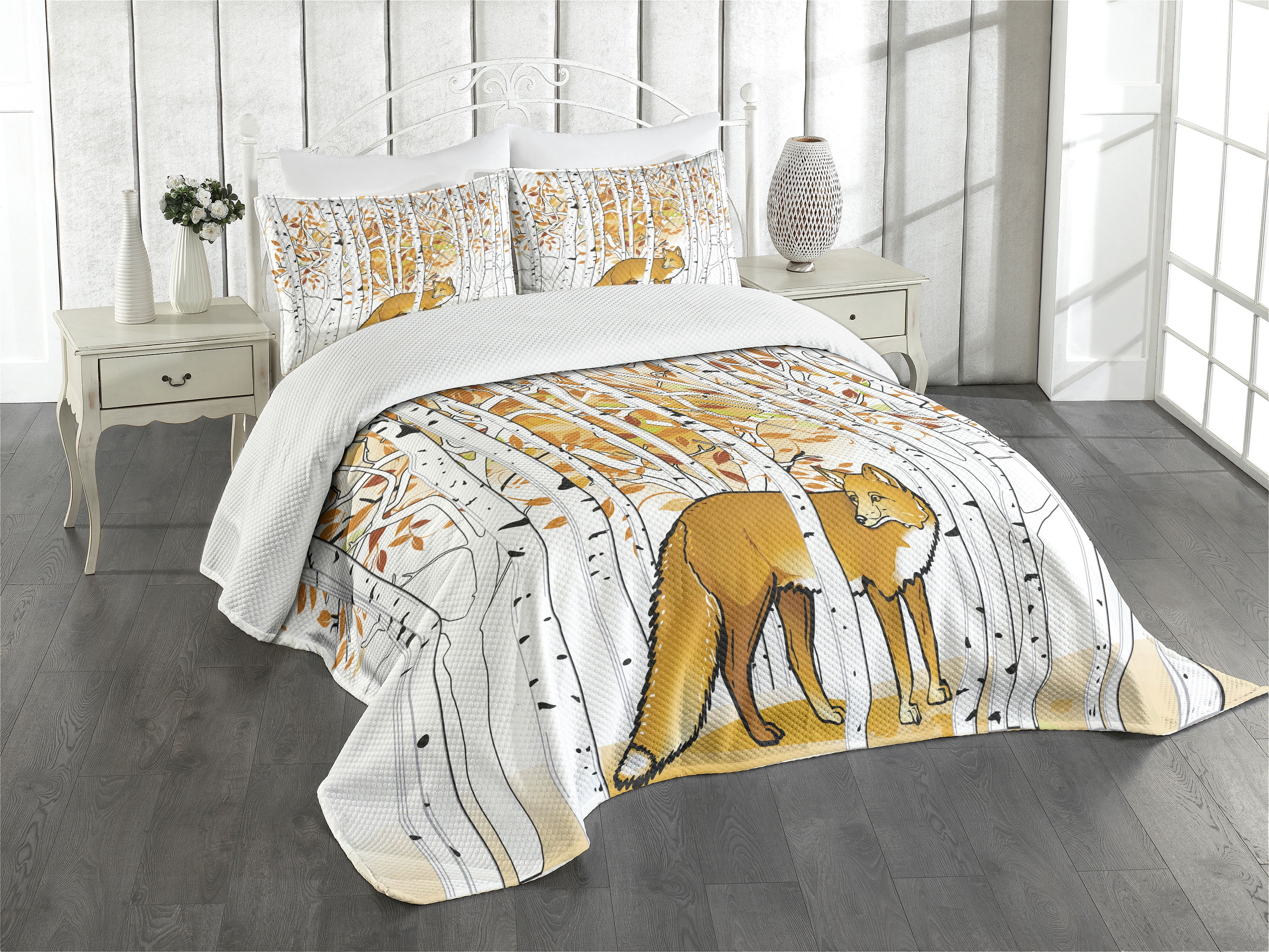 King White Quilted Bedspread Set with Fox Design