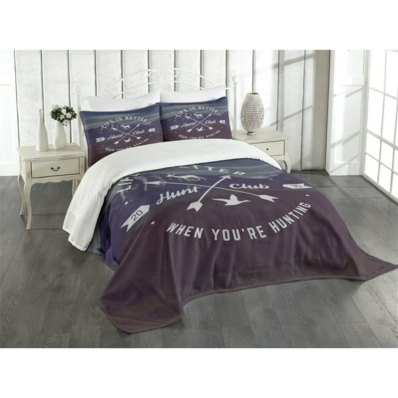 Ambesonne Hunting Quilted Bedspread Set 3 Pcs, Grunge Emblem, Queen Size, Brown Blue White