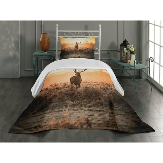 Ambesonne Hunting Quilted Coverlet 2 Pcs, Deer Morning Sun, Twin Size, Brown Orange