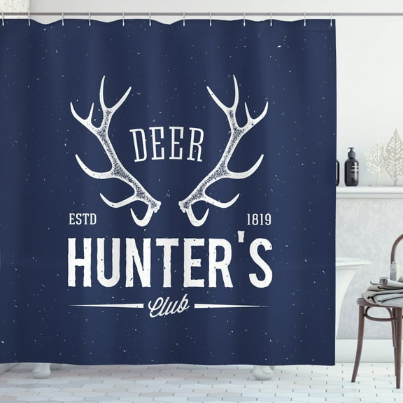 Ambesonne Hunting Shower Curtain, Deer Hunter Club, 69"Wx84"L, Navy Blue White