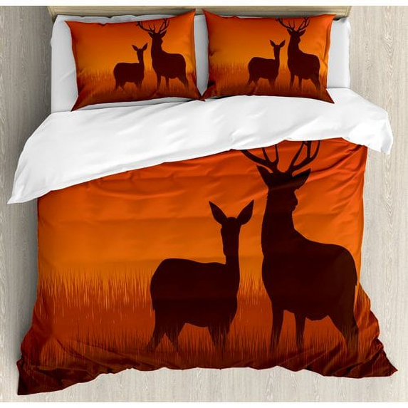 Ambesonne Hunting Silhouette Illustration of a Deer and Doe on Meadow Autumn Season Skyline Duvet Cover Set