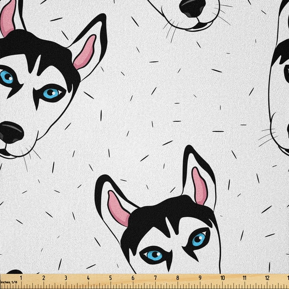 Ambesonne Husky Fabric by the Yard Microfiber, Repeating Dog Pattern Cartoon, 1 Yard, Black Blue and Pink