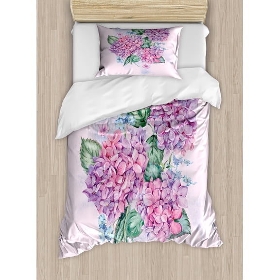 Ambesonne Hydrangea Duvet Cover Sets, Spring Bouquets, 2-Twin, Pale Pink Multicolor