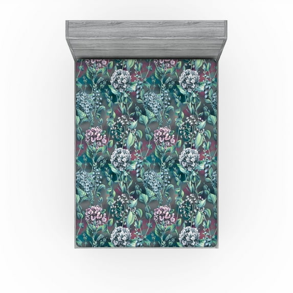 Ambesonne Hydrangea Fitted Sheet, Bohemian Aura Flowers Art, Full Size, Almond Green and Pale Ruby