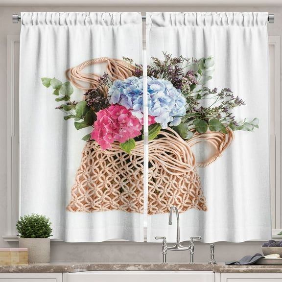 Ambesonne Hydrangea Kitchen Curtains, Flowers in Eco Bag Print, 55"x39", Pastel Pink Sage Green