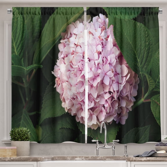 Ambesonne Hydrangea Kitchen Curtains, Forest Theme Flowers View, 55"x30", Dark Green and Soft Pink
