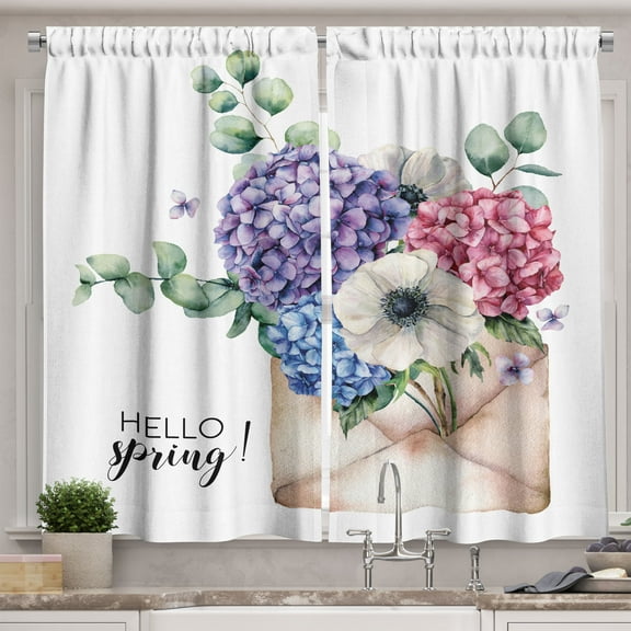 Ambesonne Hydrangea Kitchen Curtains, Hello Spring Flowers Art, 55"x30", Multicolor