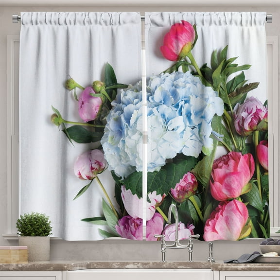 Ambesonne Hydrangea Kitchen Curtains, Peony and Other Flowers, 55"x39", Dark Pink and Hunter Green