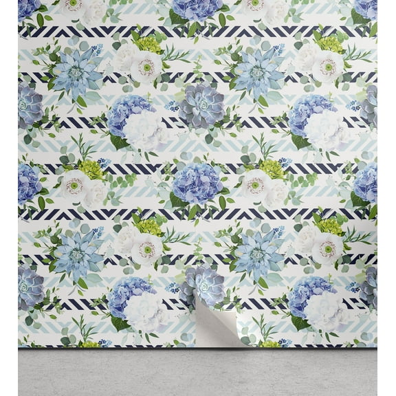Ambesonne Hydrangea Peel & Stick Wallpaper for Home, Fresh Flowers on Stripes, 13"x72", Multicolor