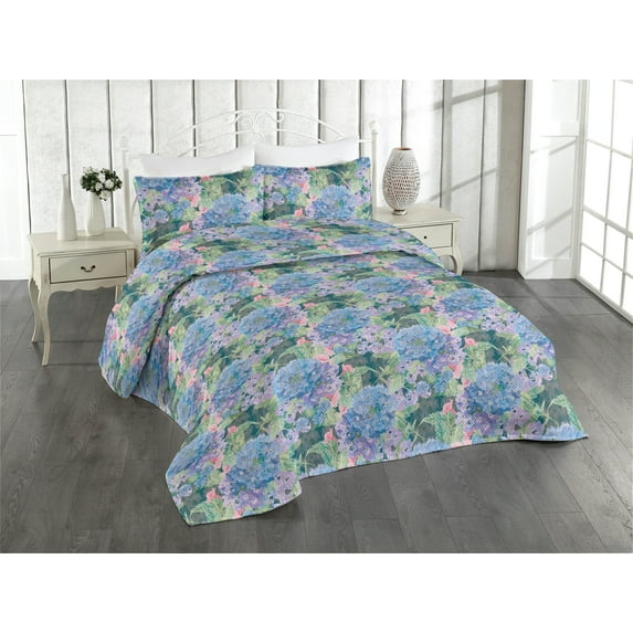 Ambesonne Hydrangea Quilted Bedspread Set 3 Pcs, Grunge Floral Jungle Art, Twin, Pale Lilac Lavender Blue