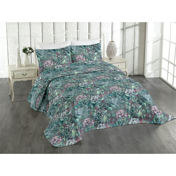 Ambesonne Hydrangea Quilted Coverlet 3 Pcs, Bohemian Aura Flowers Art, Queen Size, Almond Green and Pale Ruby