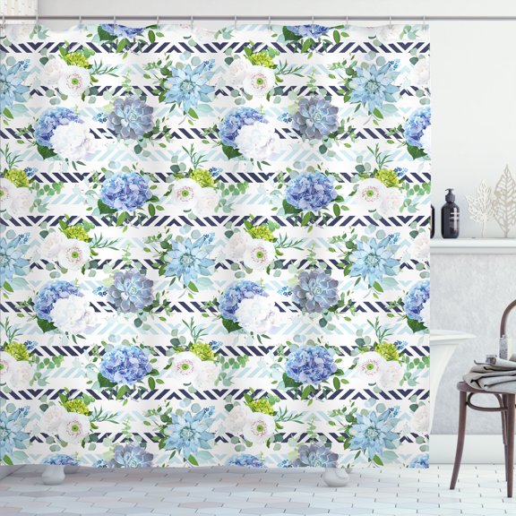 Ambesonne Hydrangea Shower Curtain, Fresh Flowers on Stripes, 69"Wx75"L, Multicolor