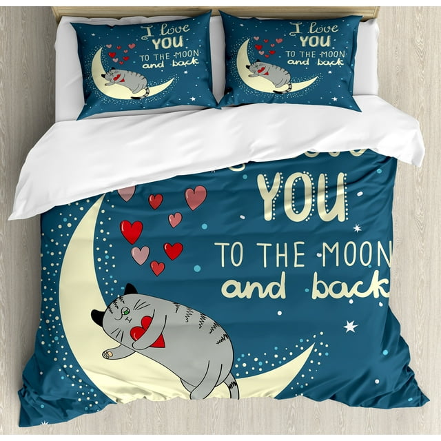 Ambesonne I Love You Duvet Cover Set, Sleepy Cat Hearts, Queen, Pale Yellow Warm Taupe