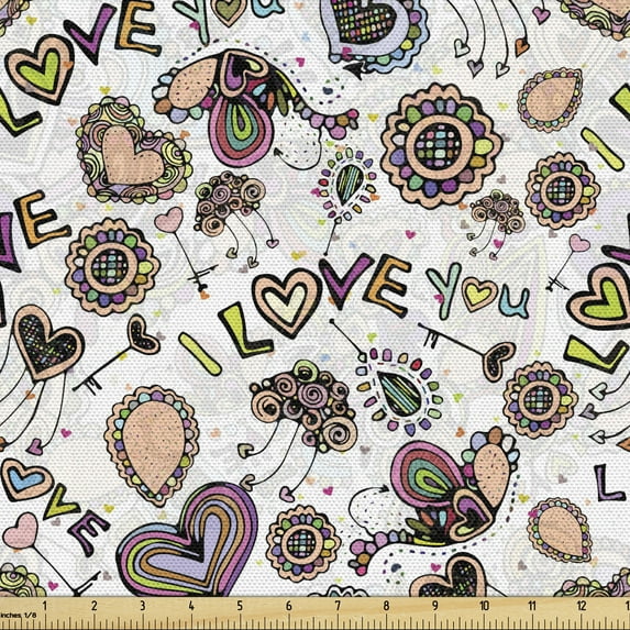 Ambesonne I Love You Fabric by the Yard Upholstery, Abstract Amour, 2 Yards, Multicolor