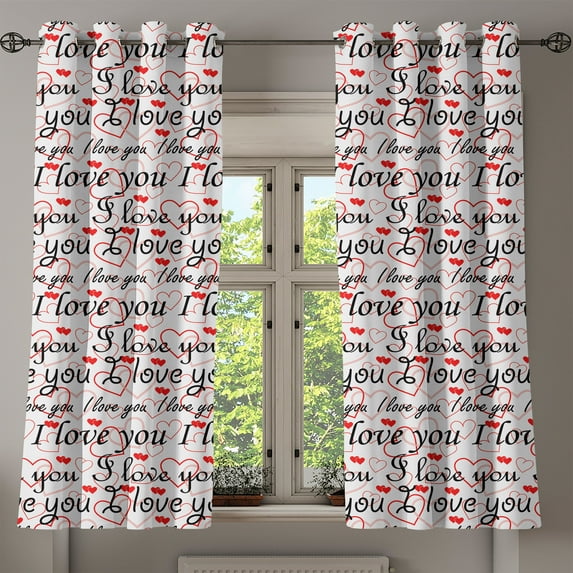 Ambesonne I Love You Grommet Curtain, Calligraphy Hearts, 50" x 54", Red Black White