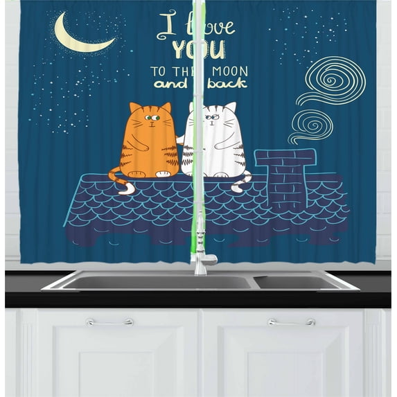 Ambesonne I Love You Kitchen Curtains, Love Cats on Roof, 55"x45", Petrol Blue Ivory