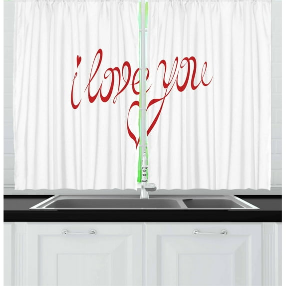 Ambesonne I Love You Kitchen Curtains, Swirling Font in Red, 55"x39", Red White