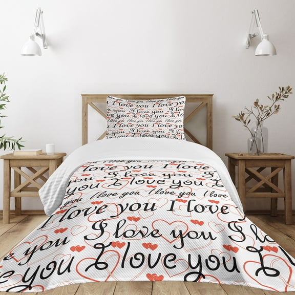 Ambesonne I Love You Quilted Bedspread Set 2 Pcs, Calligraphy Hearts, Twin Size, Red Black White
