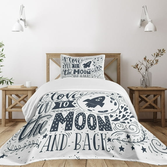 Ambesonne I Love You Quilted Bedspread Set 2 Pcs, Celestial Concept, Twin Size, Blue Grey White