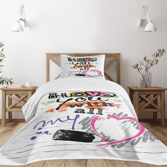 Ambesonne I Love You Quilted Bedspread Set 2 Pcs, Grunge Sketchy Style, Twin Size, Multicolor