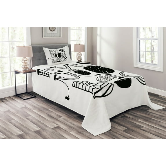 Ambesonne I Love You Quilted Bedspread Set 2 Pcs, Modern Graphic Love, Twin Size, Black White
