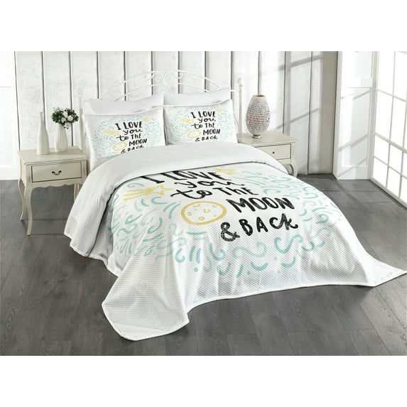Ambesonne I Love You Quilted Bedspread Set 3 Pcs, Cartoon Sibling Love, Queen Size, Yellow Grey Mint