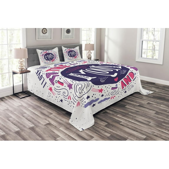 Ambesonne I Love You Quilted Bedspread Set 3 Pcs, Colorful Love, Queen Size, Pink Violet Purple