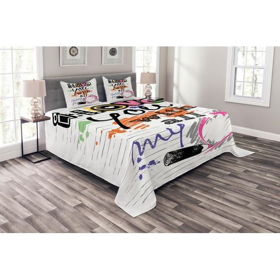 Ambesonne I Love You Quilted Bedspread Set 3 Pcs, Grunge Sketchy Style, Queen Size, Multicolor