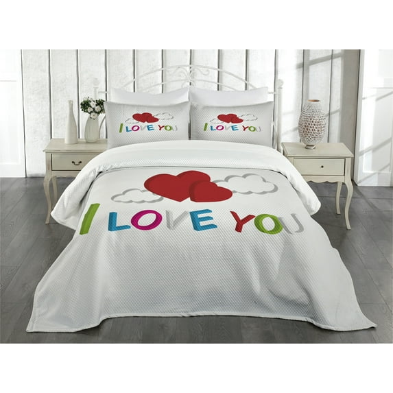 Ambesonne I Love You Quilted Bedspread Set 3 Pcs, Letters Clouds Heart, Queen Size, Lime Green Magenta
