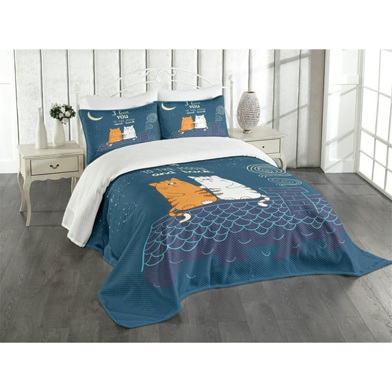 Ambesonne I Love You Quilted Bedspread Set 3 Pcs, Love Cats on Roof, Queen Size, Petrol Blue Ivory