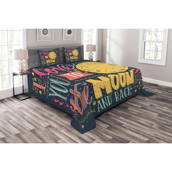 Ambesonne I Love You Quilted Bedspread Set 3 Pcs, Love Wish, King Size, Dark Petrol Blue Yellow