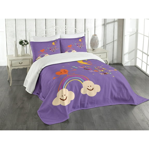 Ambesonne I Love You Quilted Bedspread Set 3 Pcs, Magic Happy Rainbow, Queen Size, Violet