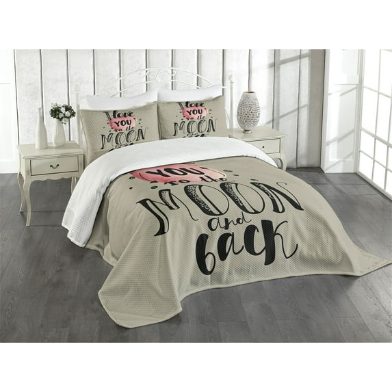 Ambesonne I Love You Quilted Bedspread Set 3 Pcs, My Valentine Romance, Queen Size, Beige Black Pale Pink