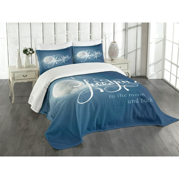 Ambesonne I Love You Quilted Bedspread Set 3 Pcs, Night Sky Full Moon, King Size, Dark Blue Pearl