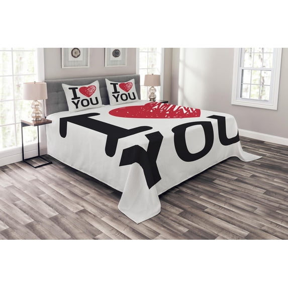 Ambesonne I Love You Quilted Bedspread Set 3 Pcs, Simple Calligraphy, King Size, Red Charcoal Grey