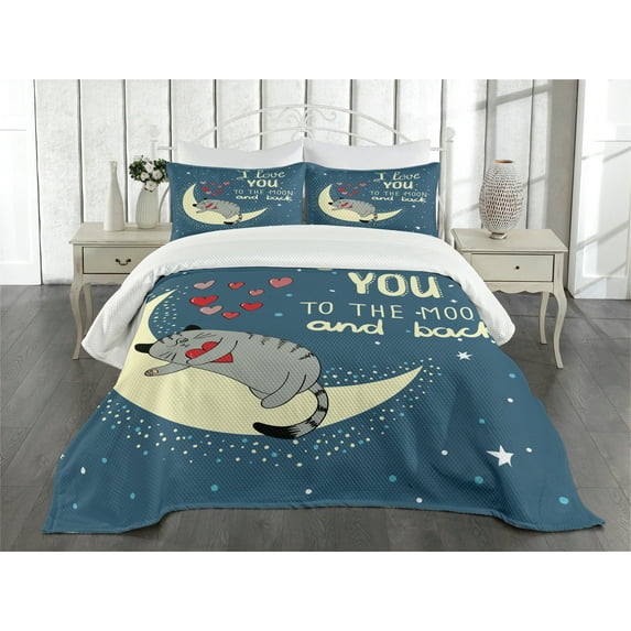 Ambesonne I Love You Quilted Bedspread Set 3 Pcs, Sleepy Cat Hearts, Queen Size, Pale Yellow Warm Taupe