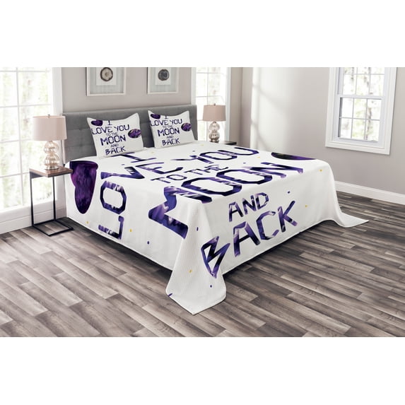Ambesonne I Love You Quilted Bedspread Set 3 Pcs, Universe Moon Heart, King Size, Dark Purple