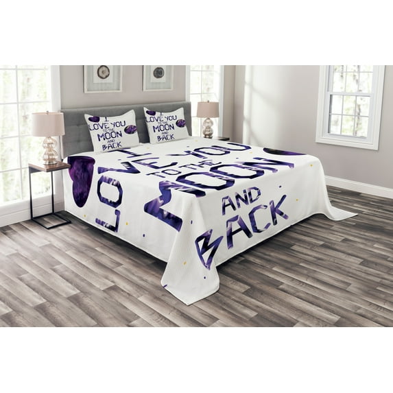 Ambesonne I Love You Quilted Bedspread Set 3 Pcs, Universe Moon Heart, Queen Size, Dark Purple