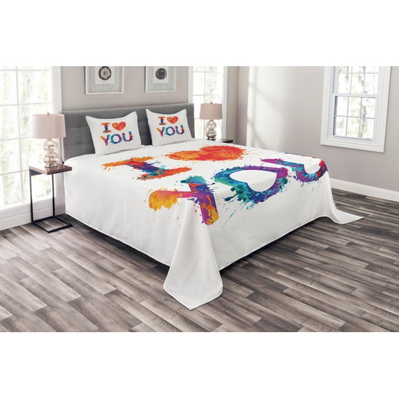 Ambesonne I Love You Quilted Bedspread Set 3 Pcs, Watercolor Phrase, King Size, Multicolor