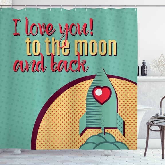 Ambesonne I Love You Shower Curtain, Moon and Back Rocket, 69"Wx70"L, Turquoise Mustard and Red