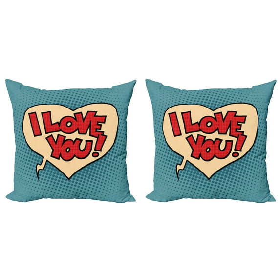 Ambesonne I Love You Throw Pillow Cover 2 Pack, Pop Art Style Comic, 16", Petrol Blue Red Ivory