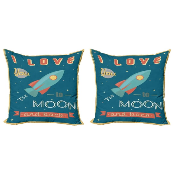 Ambesonne I Love You Throw Pillow Cover 2 Pack, Spaceship Galaxy, 20", Dark Blue and Coral