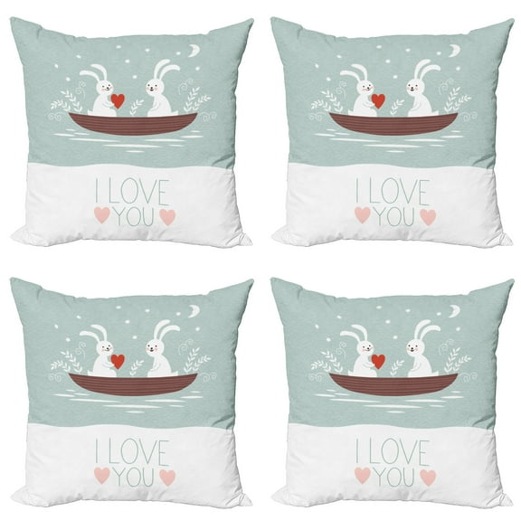 Ambesonne I Love You Throw Pillow Cover 4 Pack, Rabbit Couple Sail, 18", Pale Blue White Umber