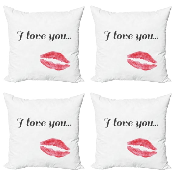 Ambesonne I Love You Throw Pillow Cover 4 Pack, Red Kiss Lipstick, 20", Dark Coral Grey