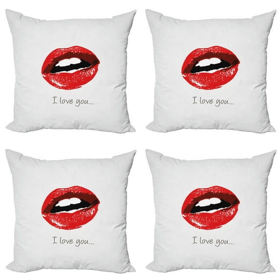 Ambesonne I Love You Throw Pillow Cover 4 Pack, Seductic Female Lips, 16", Red White Black