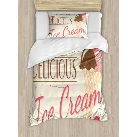 Ambesonne Ice Cream Duvet Cover Set, Pop Art Logo, Twin, Pink Cream Umber