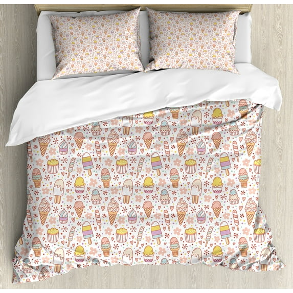 Ambesonne Ice Cream Duvet Cover Sets, Candies, 2-Queen, Peach Coral Mint
