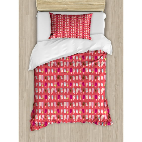 Ambesonne Ice Cream Duvet Cover Sets, Funny Ice Lolly Popsicles, 2-Twin, Dark Coral Multicolor